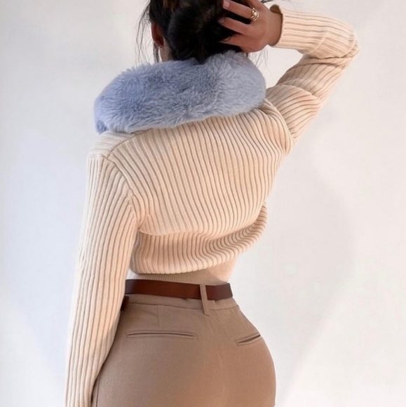 Zara * faux fur knit cardigan Cream Blue - Picture 3 of 15